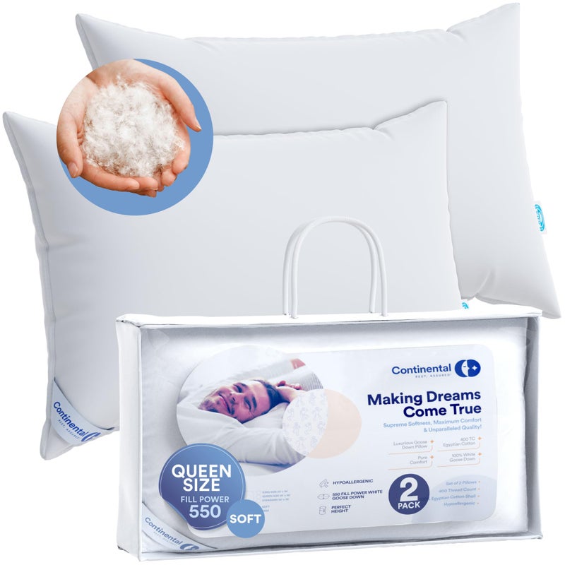 Continental Bedding Continental Bedding  Harmony White Down Pillow  550 Fill Power  400 Thread Count Cotton Cover  Made in USA  Soft Queen Pack of 2 2 