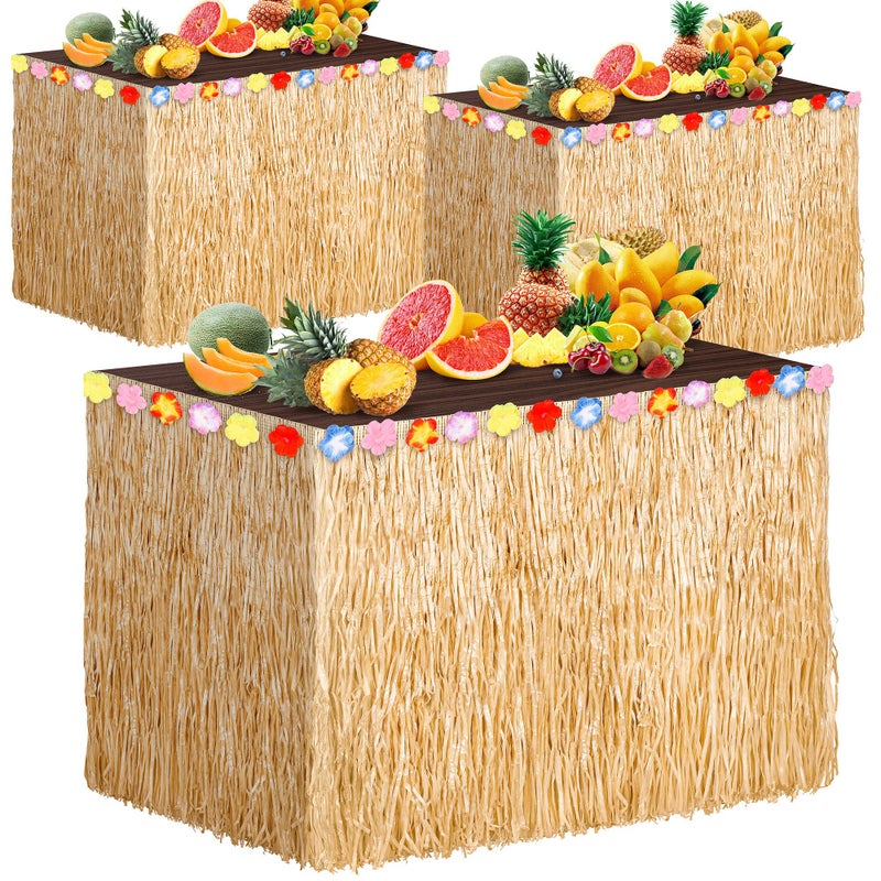 3 Packs Hawaiian Luau Grass Table Skirt 108 x 30 Inch Tropical Hibiscus Luau Party Decorations Brown Hawaiian Table Skirts for Moana Themed Events Birthday