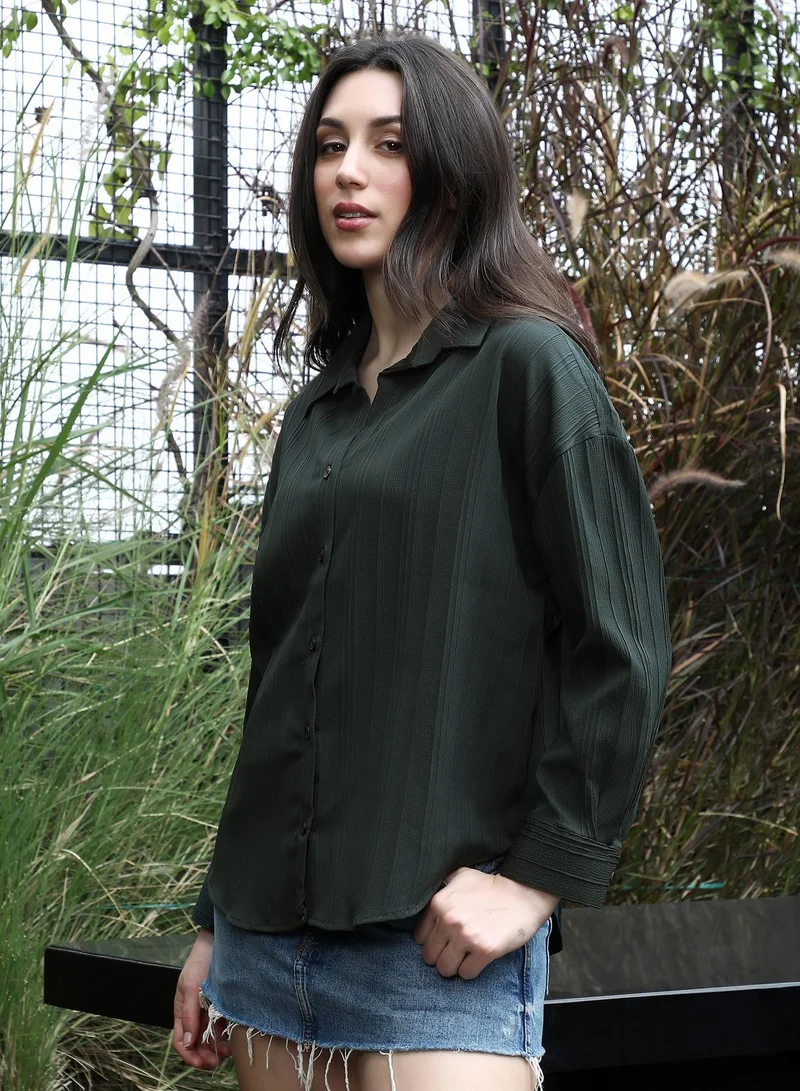 Pinacolada  Women's Emerald Green Lined-Tactile Oversized Shirt for Women | Best Price UAE