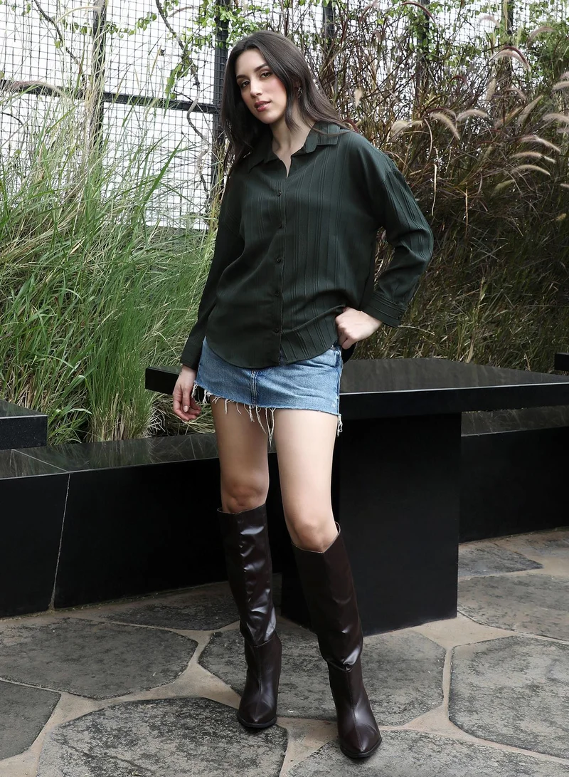 Pinacolada  Women's Emerald Green Lined-Tactile Oversized Shirt for Women | Best Price UAE