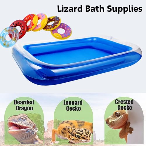 SEZDEKI Lizard Bath Pool & Collar Rings Set - Inflatable Reptile Bathing Swimming Pool Bathtub Reptile Swim Float Ring for Leopard Gecko Amphibians Habitat Accessories Grooming Health Supplies (Blue) - Image 5