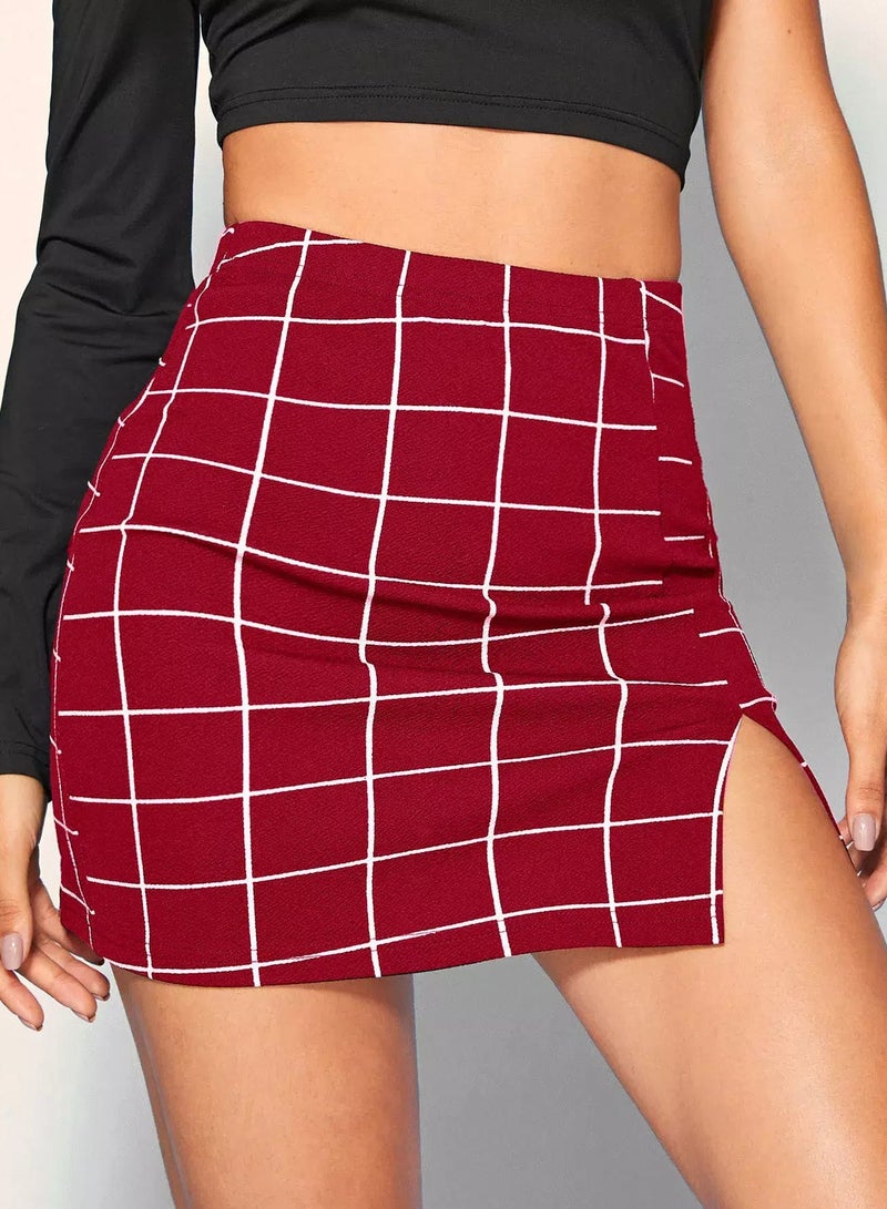 Grid Print Front Slit Bodycon Mini Skirt - Image 1