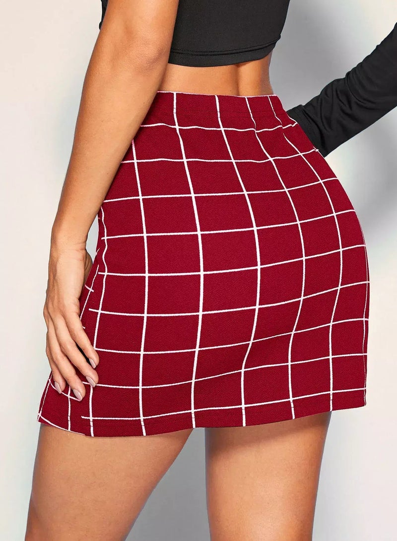 Grid Print Front Slit Bodycon Mini Skirt - Image 2