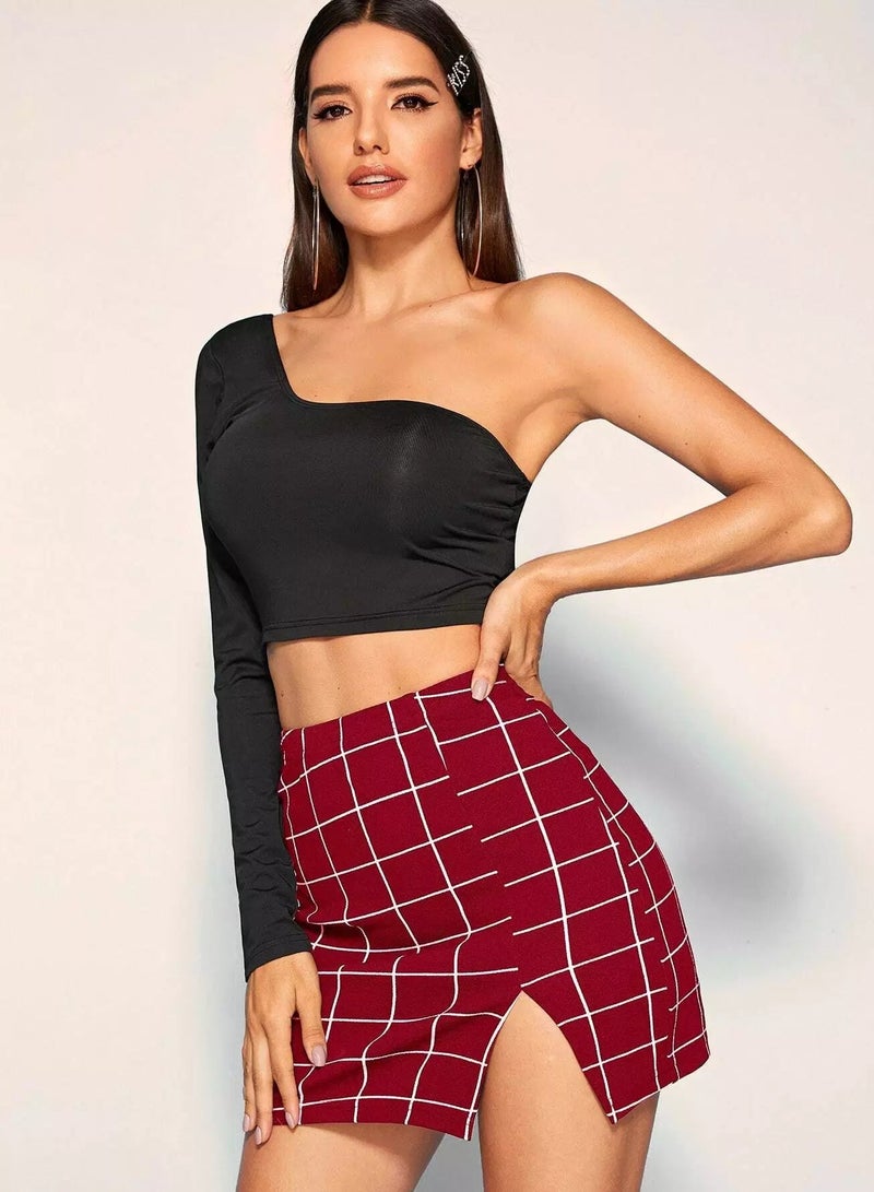 Grid Print Front Slit Bodycon Mini Skirt - Image 4