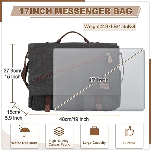 RAVUO Mens Messenger Bag,17 Inch Water Resistant Canvas Satchel Large Black Vintage Shoulder Business Briefcase Bag - Image 2