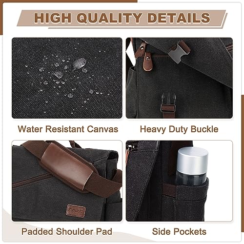 RAVUO Mens Messenger Bag,17 Inch Water Resistant Canvas Satchel Large Black Vintage Shoulder Business Briefcase Bag - Image 3