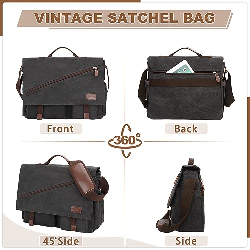 RAVUO Mens Messenger Bag,17 Inch Water Resistant Canvas Satchel Large Black Vintage Shoulder Business Briefcase Bag - Image 5