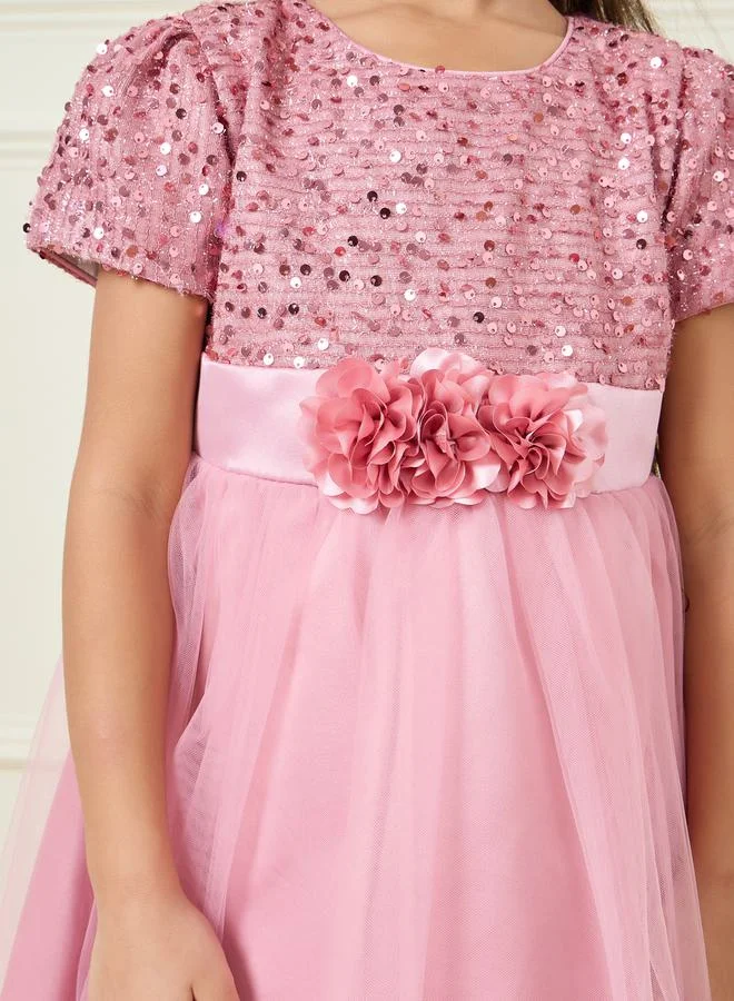 ستايلي Sequin Detail Floral Applique Mesh A-Line Dress