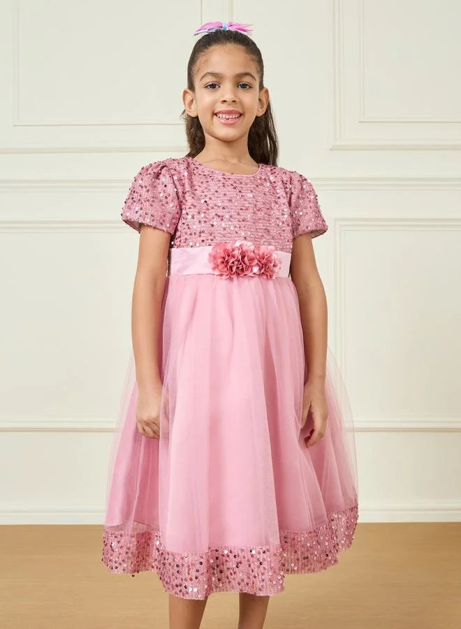 ستايلي Sequin Detail Floral Applique Mesh A-Line Dress