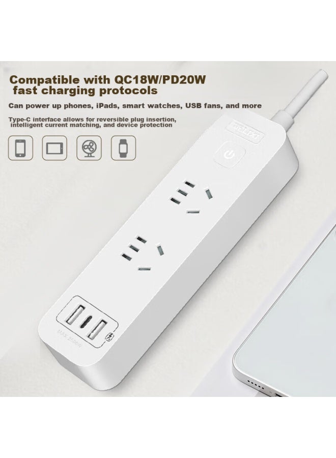 Delixi 20w Pd Fast Charging Power Strip/extension Cord/power Bar With Type-c Port + Usb Port + 2 Outlets, 1.8 Meters Long, Master Switch - Image 2