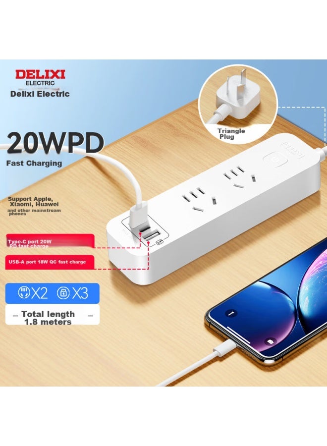 Delixi 20w Pd Fast Charging Power Strip/extension Cord/power Bar With Type-c Port + Usb Port + 2 Outlets, 1.8 Meters Long, Master Switch - Image 1