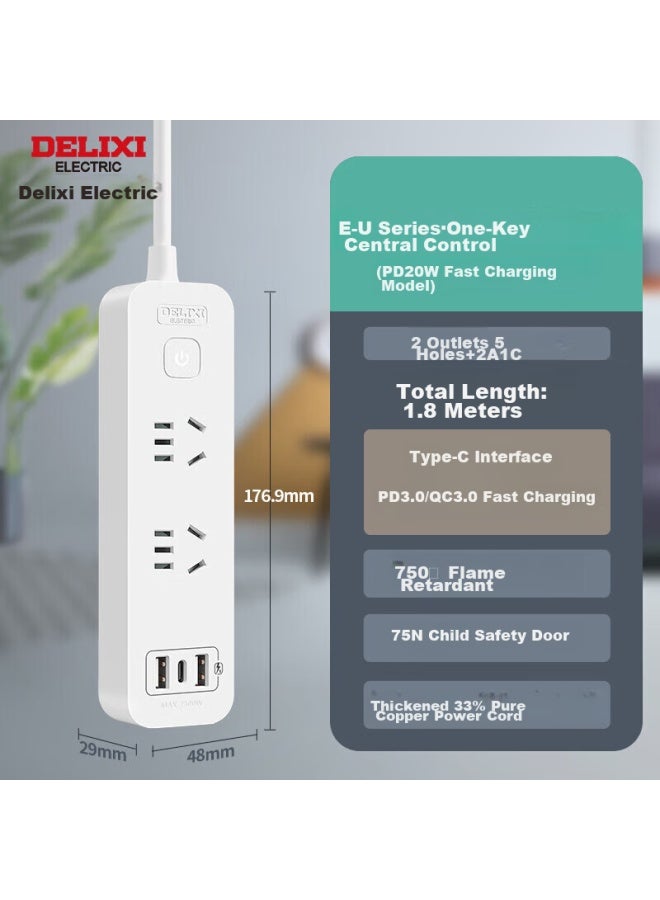 Delixi 20w Pd Fast Charging Power Strip/extension Cord/power Bar With Type-c Port + Usb Port + 2 Outlets, 1.8 Meters Long, Master Switch - Image 5