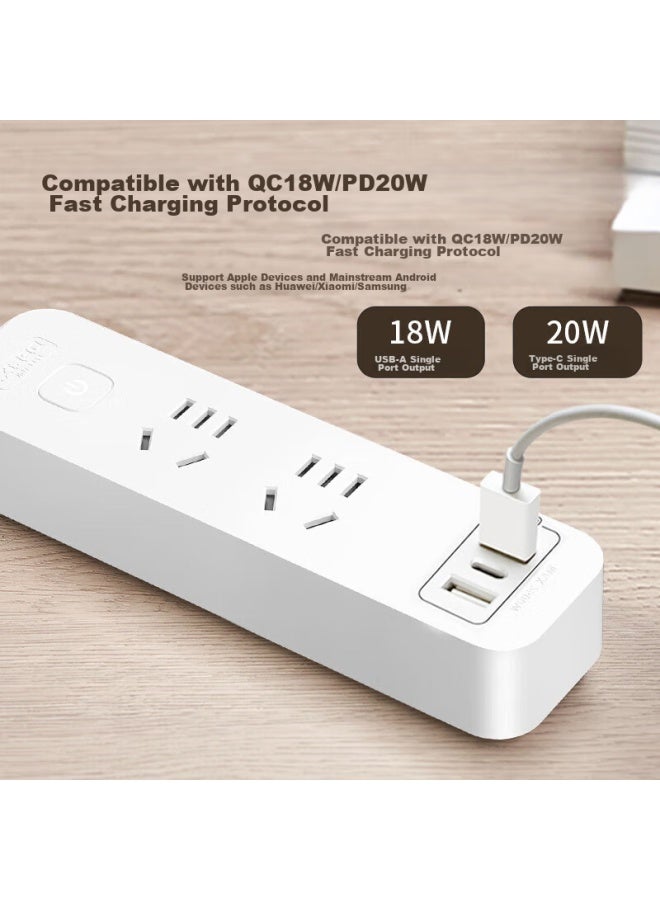 Delixi 20w Pd Fast Charging Power Strip/extension Cord/power Bar With Type-c Port + Usb Port + 2 Outlets, 1.8 Meters Long, Master Switch - Image 3