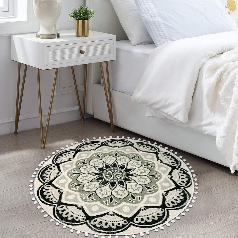 Uphome Round Rug 3ft Black Mandala Boho Rug with Pom Pom Fringe Non-Slip Washable Circle Bath Mat Soft Cute Blooming Medallion Throw Rug for Entryway Bedroom Powder Living Room Nursery - Image 5