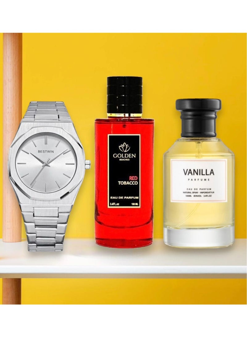 Bestwin A luxurious gift set consisting of a men's slim watch inspired by the famous D1 Milano watches, and two unisex Vanilla and Red Tupac perfumes for unisex inspired by Mancera perfumes with high stabilit  - Image 1