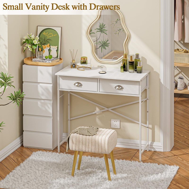ThreeHio Small Vanity Desk No Mirror for Kids Bedroom, 31.5 Inch Vanity Table with Drawers, Makeup Vanity Desk for Narrow Spaces, White Dreessing Table(No Mirror) - Image 3