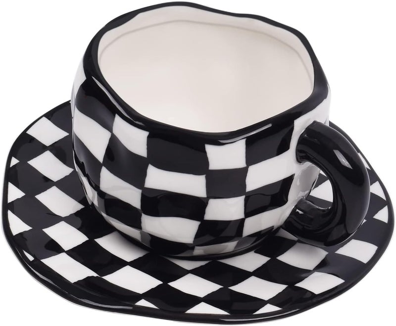 Koythin Ceramic Coffee Mug, Novelty Black and White Plaid Cup with Saucer for Office and Home, Dishwasher and Microwave Safe, 10 oz/300 ml for Latte Tea Milk (Black and White Plaid) - Image 1