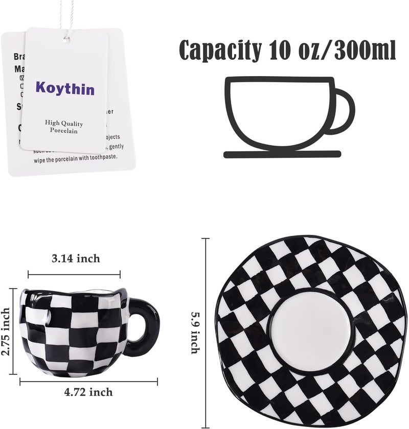 Koythin Ceramic Coffee Mug, Novelty Black and White Plaid Cup with Saucer for Office and Home, Dishwasher and Microwave Safe, 10 oz/300 ml for Latte Tea Milk (Black and White Plaid) - Image 2