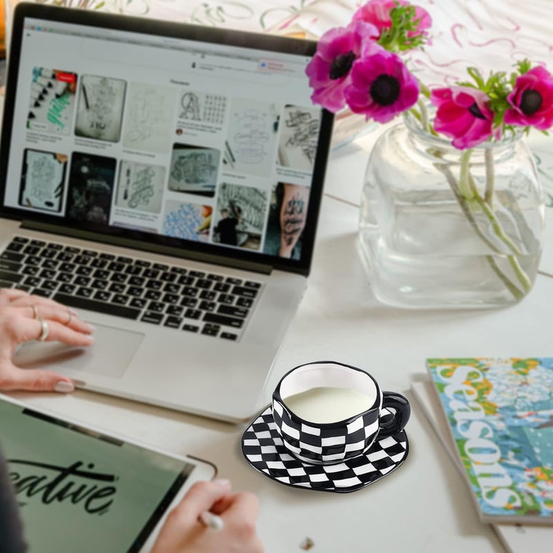 Koythin Ceramic Coffee Mug, Novelty Black and White Plaid Cup with Saucer for Office and Home, Dishwasher and Microwave Safe, 10 oz/300 ml for Latte Tea Milk (Black and White Plaid) - Image 4