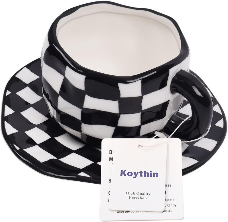 Koythin Ceramic Coffee Mug, Novelty Black and White Plaid Cup with Saucer for Office and Home, Dishwasher and Microwave Safe, 10 oz/300 ml for Latte Tea Milk (Black and White Plaid) - Image 3
