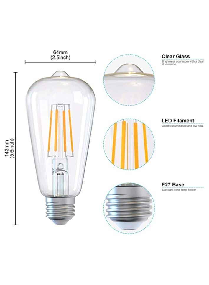 E27 LED Bulb, NonDimmable Energy Saving Light Bulbs, 6W ST64 6500K Vintage Edison Screw ES Bulb 60W Incandescent Replacement Antique Clear Glass for Pendant Home, Retro Fashioned Lamp (4Pcs Cool White  - Image 4