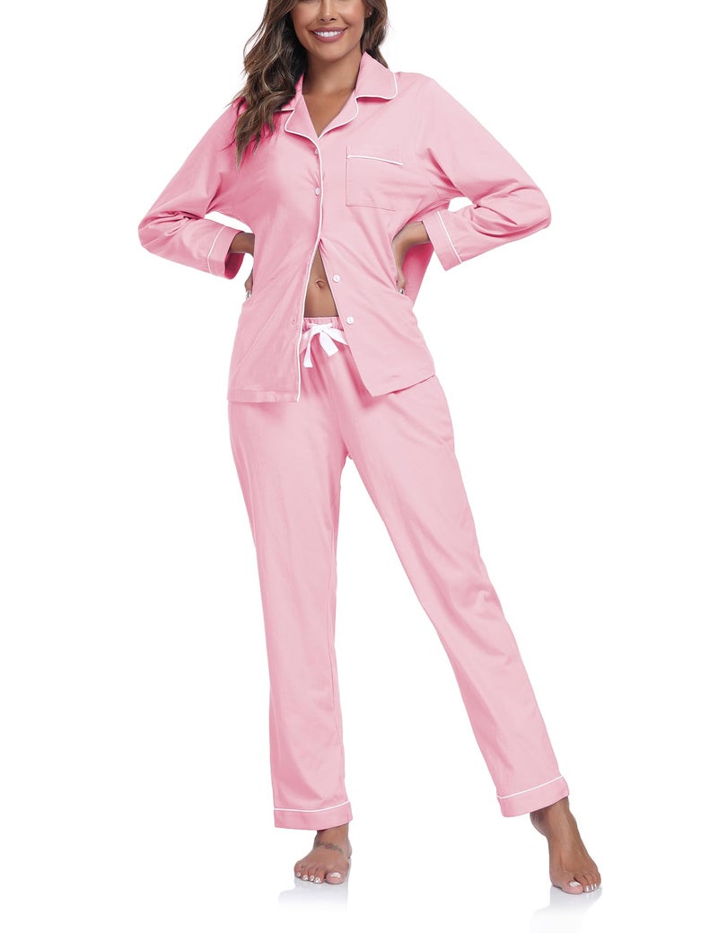 COLORFULLEAF Womens 100 Cotton Long Sleeve Pajama Sets Button Down Notched Collar Sleepwear Soft Lounge Pjs with Pockets PinkS