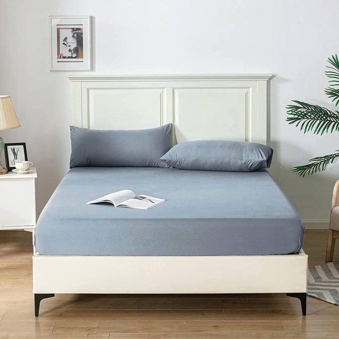 DOUBLE FITTED SHEET BED SHEETS 25CM EXTRA DEEP POCKET SOFT AND BREATHABLE FITTED BEDDING SHEETS BLUE GRAY DOUBLE