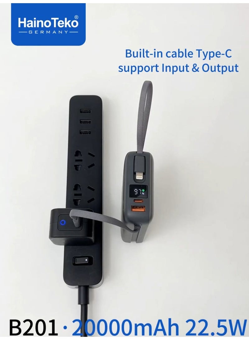 هينو تيكو بنك طاقة هاينو تيكو B201 بسعة 20000 مللي أمبير/ساعة مع كابلات Type-C وLightning مدمجة وشاحن محمول سريع الشحن بقوة 22.5 وات، لون أسود - Image 5