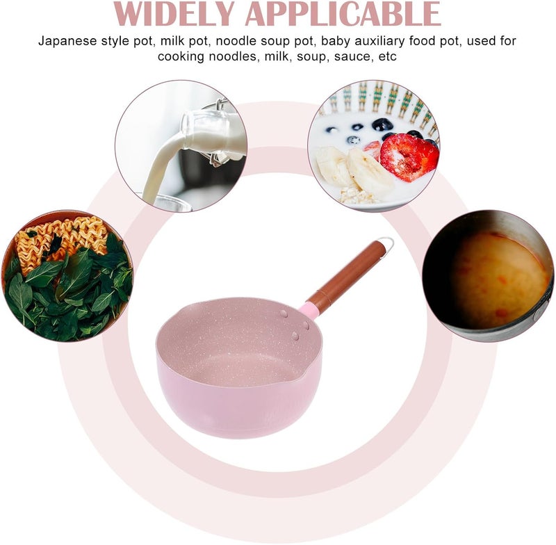 Japanese-style Maifan Stone 18cm Aluminium Soup Pan Saucepan for Food Cooking, Pink Non-stick Household Stockpot with Wooden Handle for Kitchen Use - Image 3