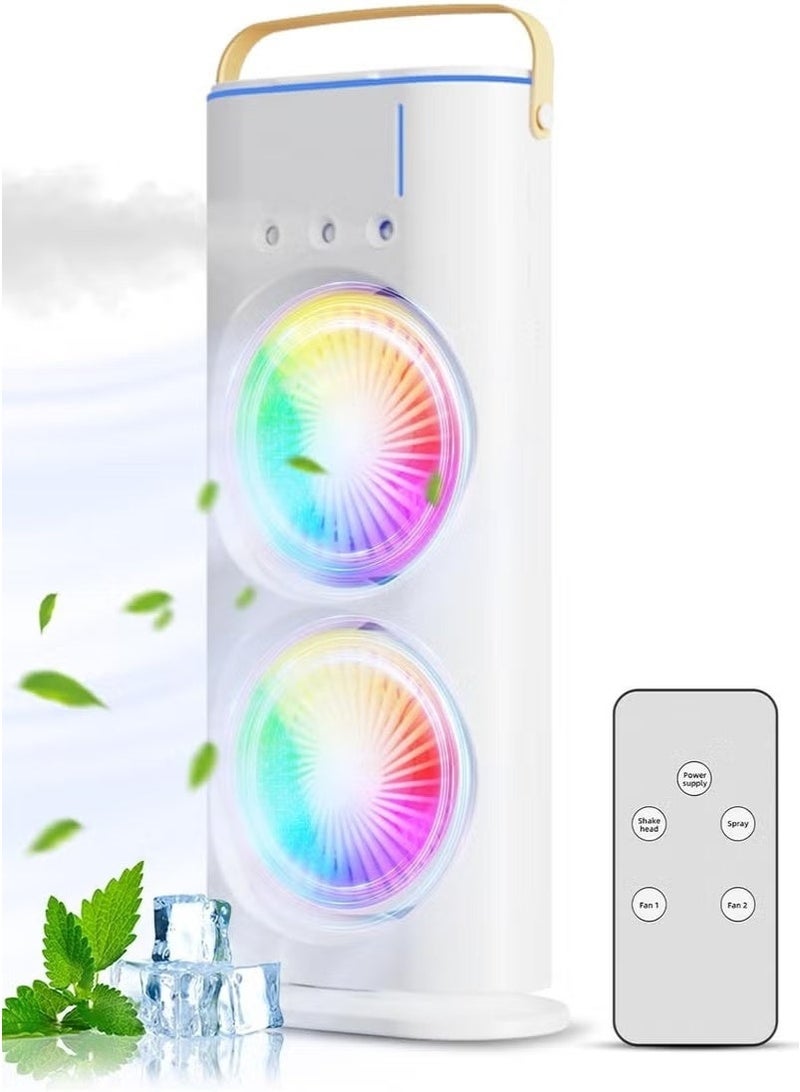 Denx Rechargeable Mist Fan and Humidifier, Dual Fan Air Cooler with High Cooling Technology 280ml with LED Lights and Remote Control, White - Image 2