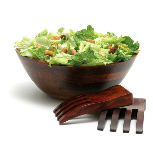 CHERRY FINISHED WAVY RIM SERVING BOWL WITH 2 SALAD HANDS LARGE 13 X 125 X 5 3PIECE SET