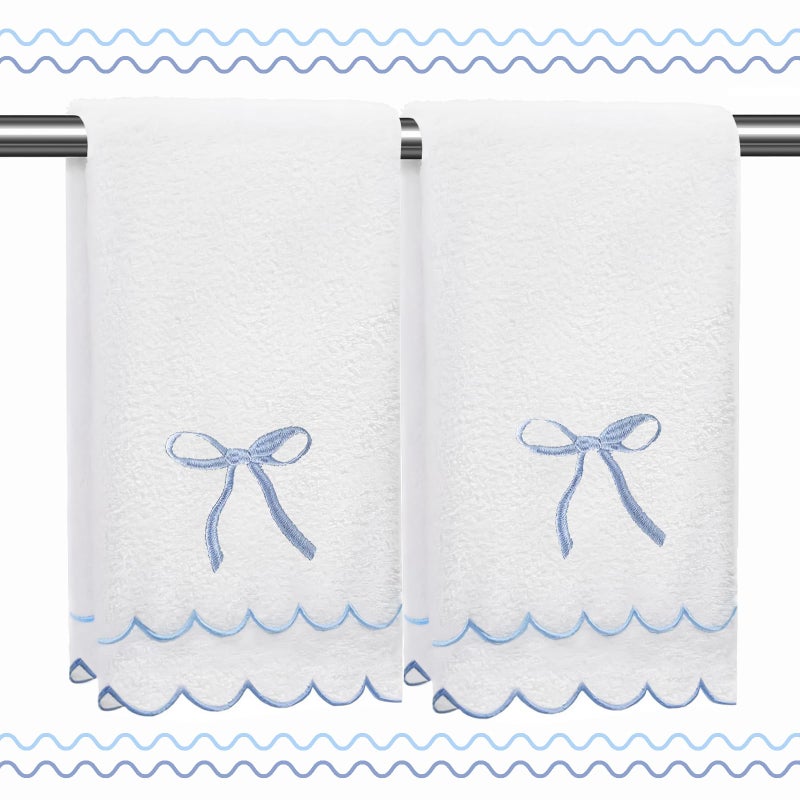 RRBXIA 2 Pcs Coquette Bow 100% Cotton Hand Towels for Bathroom Scalloped Hand Towels 16 * 27 Inch Embroidered Decorative 500 GSM Soft Absorbent Bath Towel for Spa Yoga Hotel Sport (Blue) - Image 1