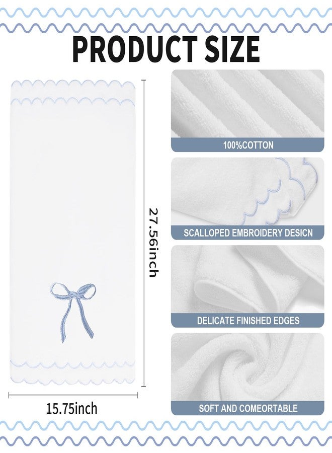 RRBXIA 2 Pcs Coquette Bow 100% Cotton Hand Towels for Bathroom Scalloped Hand Towels 16 * 27 Inch Embroidered Decorative 500 GSM Soft Absorbent Bath Towel for Spa Yoga Hotel Sport (Blue) - Image 2