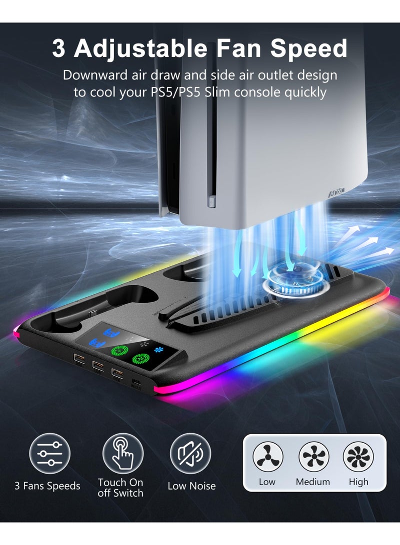 PS5 Stand and Cooling Station with Dual Controller Charger, PS5 Cooling Fan with RGB LED Light and USB Hub, Multifunctional Vertical Charging Dock for PlayStation 5 Accessories, Compatible with PS5 Pro, PS5 Slim and PS5 Console, Gaming Station with Controller Charging and Storage Organizer - Image 4