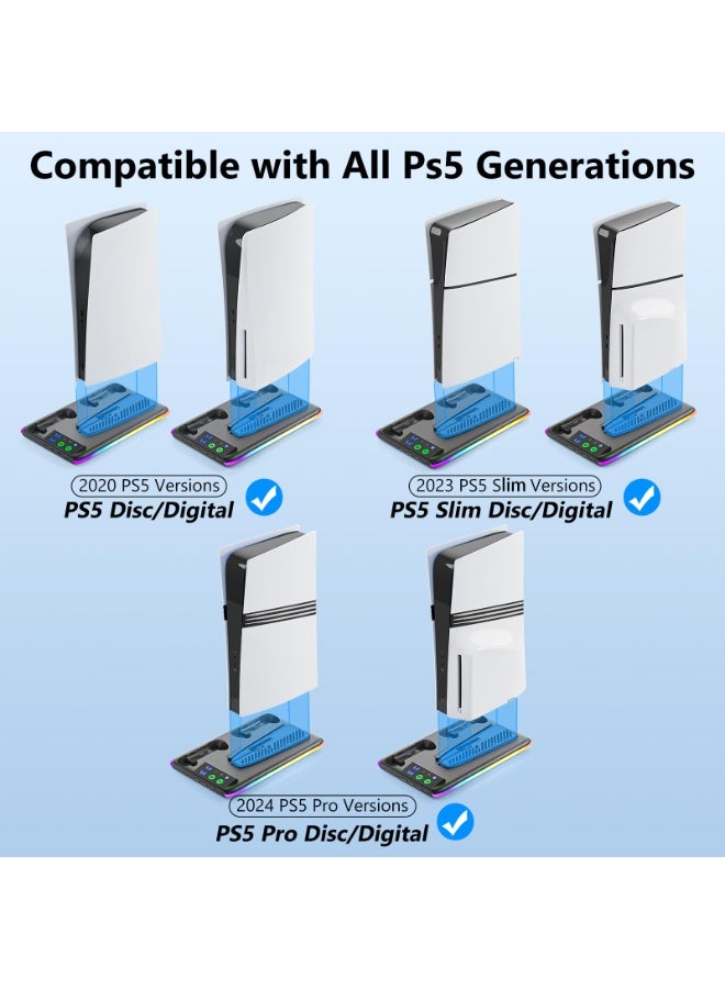 PS5 Stand and Cooling Station with Dual Controller Charger, PS5 Cooling Fan with RGB LED Light and USB Hub, Multifunctional Vertical Charging Dock for PlayStation 5 Accessories, Compatible with PS5 Pro, PS5 Slim and PS5 Console, Gaming Station with Controller Charging and Storage Organizer - Image 2