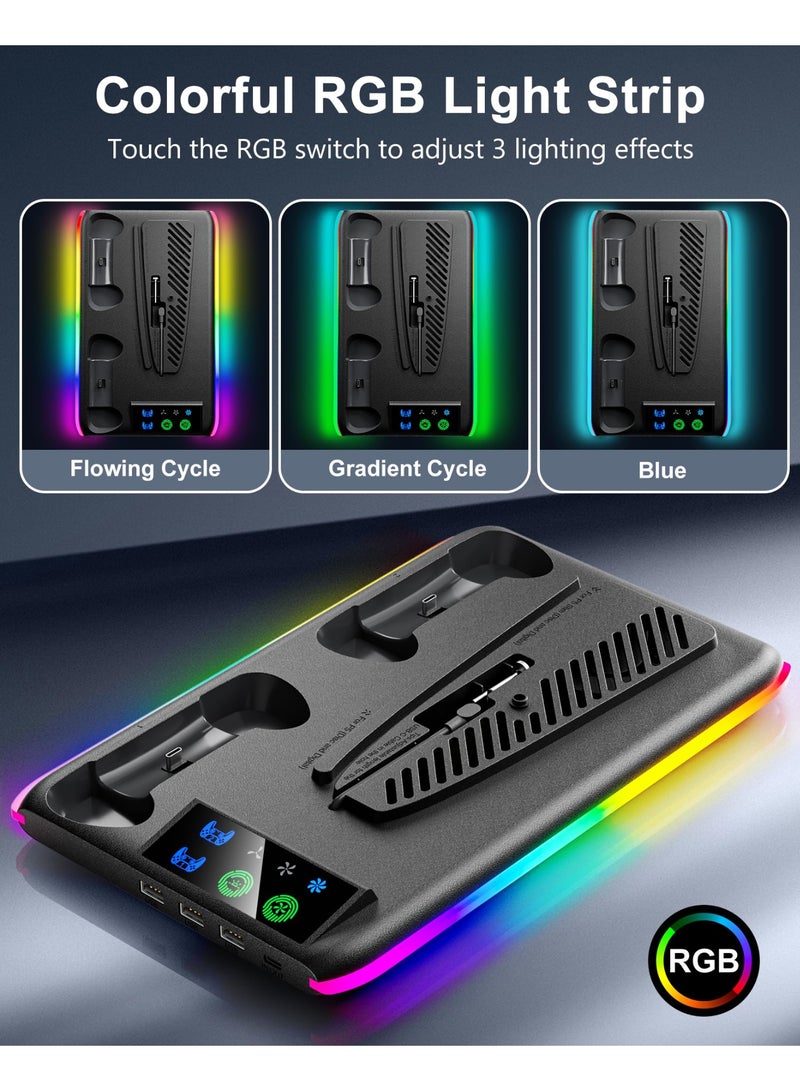 PS5 Stand and Cooling Station with Dual Controller Charger, PS5 Cooling Fan with RGB LED Light and USB Hub, Multifunctional Vertical Charging Dock for PlayStation 5 Accessories, Compatible with PS5 Pro, PS5 Slim and PS5 Console, Gaming Station with Controller Charging and Storage Organizer - Image 3