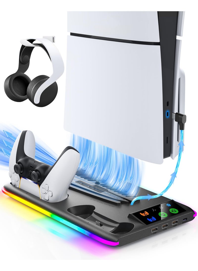 PS5 Stand and Cooling Station with Dual Controller Charger, PS5 Cooling Fan with RGB LED Light and USB Hub, Multifunctional Vertical Charging Dock for PlayStation 5 Accessories, Compatible with PS5 Pro, PS5 Slim and PS5 Console, Gaming Station with Controller Charging and Storage Organizer - Image 1