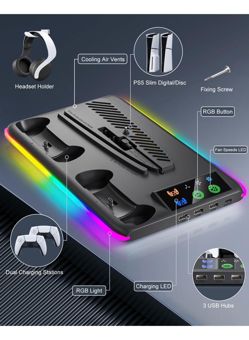 PS5 Stand and Cooling Station with Dual Controller Charger, PS5 Cooling Fan with RGB LED Light and USB Hub, Multifunctional Vertical Charging Dock for PlayStation 5 Accessories, Compatible with PS5 Pro, PS5 Slim and PS5 Console, Gaming Station with Controller Charging and Storage Organizer - Image 5