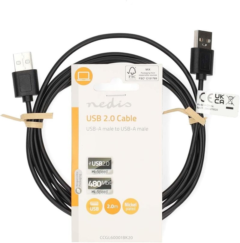 NEDIS USB Cable | USB 2.0 | USB-A Male | USB-A Male | 480 Mbps | Nickel Plated | 2.00 m | Round | PVC | Black | Hanger - Image 4