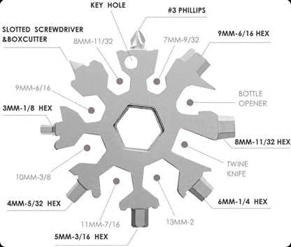 NOBILEA NOBILEA 18 in 1 Stainless Steel Snowflake Multi Tool Durable and Portable Essential Key Chain Pocket Bottle Opener Pocket Wrench Multi color - Image 3