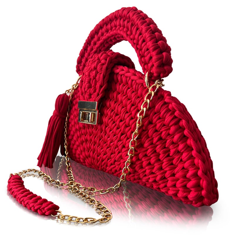 CHQEL Evening Clutch Bag for Women, Handmade Crochet Wedding Party Purse, Small Flap Formal Crossbody Handbag Evening Clutch (RED LOVE) - Image 3