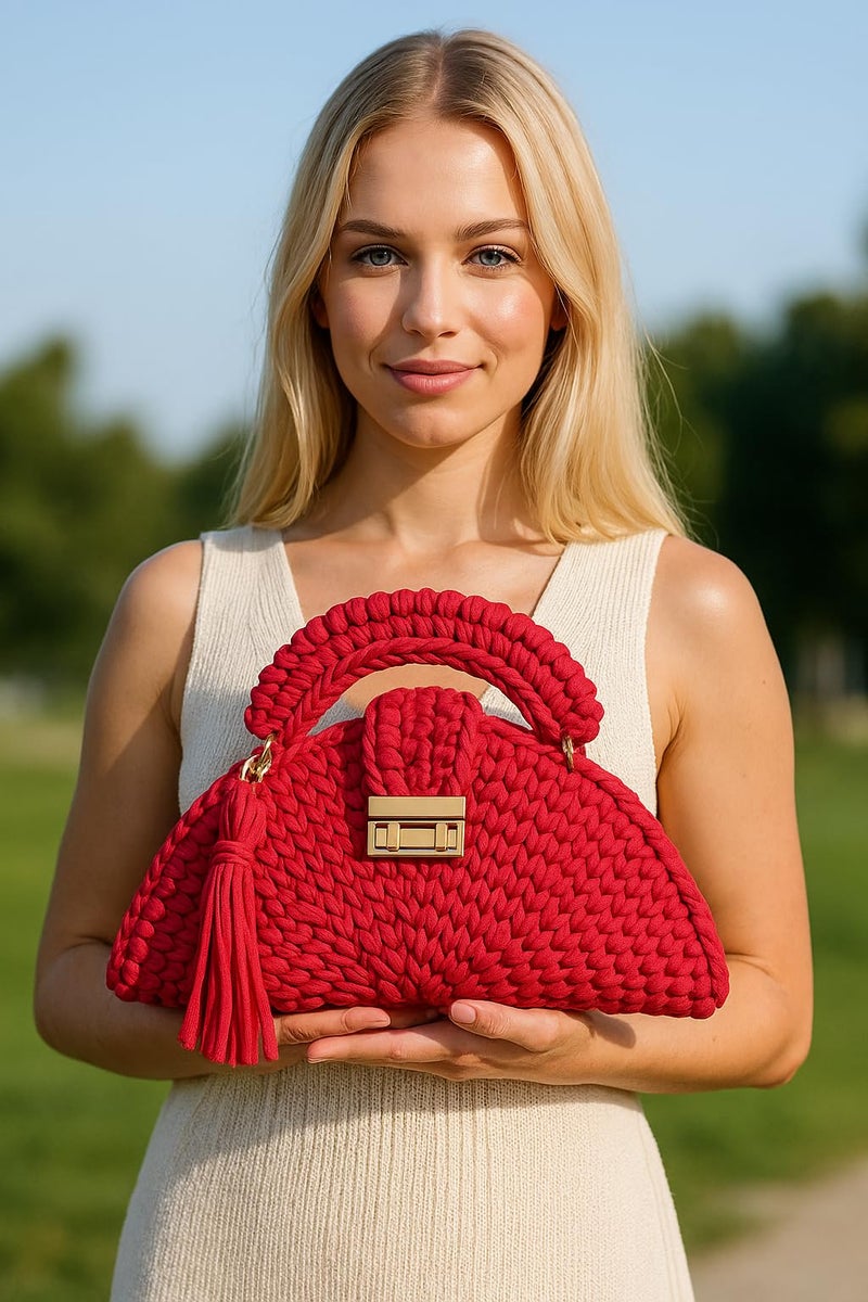 CHQEL Evening Clutch Bag for Women, Handmade Crochet Wedding Party Purse, Small Flap Formal Crossbody Handbag Evening Clutch (RED LOVE) - Image 2