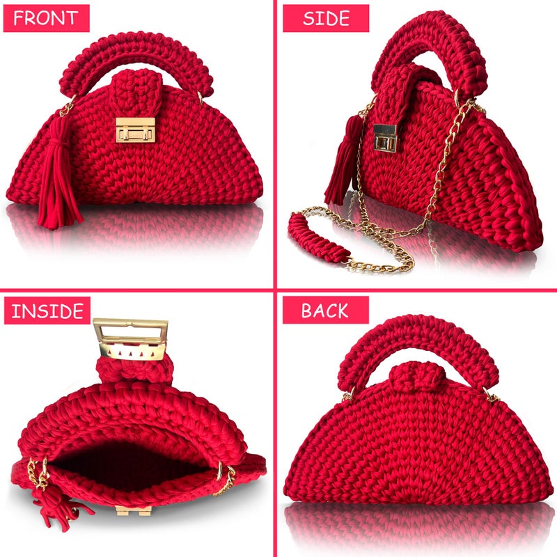 CHQEL Evening Clutch Bag for Women, Handmade Crochet Wedding Party Purse, Small Flap Formal Crossbody Handbag Evening Clutch (RED LOVE) - Image 5
