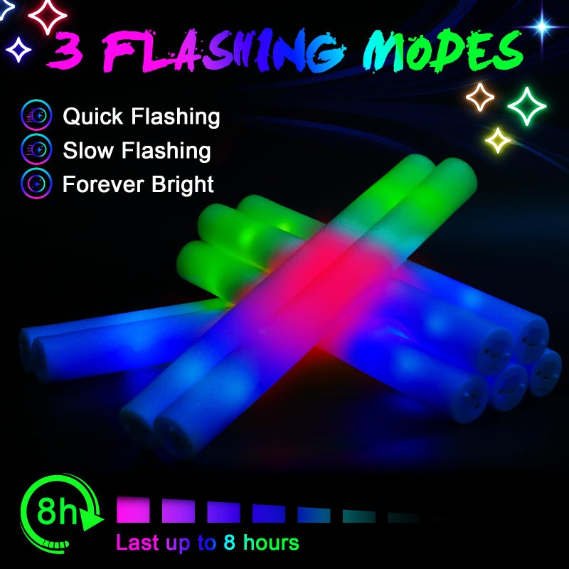 wellent 64 Pack Foam Glow Sticks, Bulk LED Foam Sticks, Foam Light Up Sticks with 3 Mode Colorful Flashing, Glow Party Supplies, Glow Sticks Bulk Party Pack for Wedding, Birthday, Concert, Halloween - Image 5