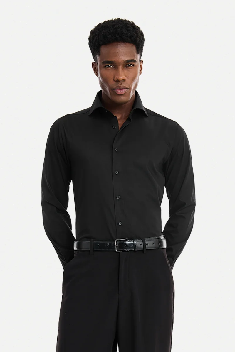 سنيتش Black Solid Long Sleeve Slim Fit Formal Shirt