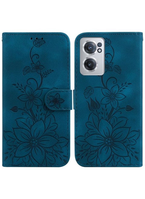 Case Cover For For OnePlus Nord CE 2 5G Lily Embossed Leather Phone Case(Dark Blue)