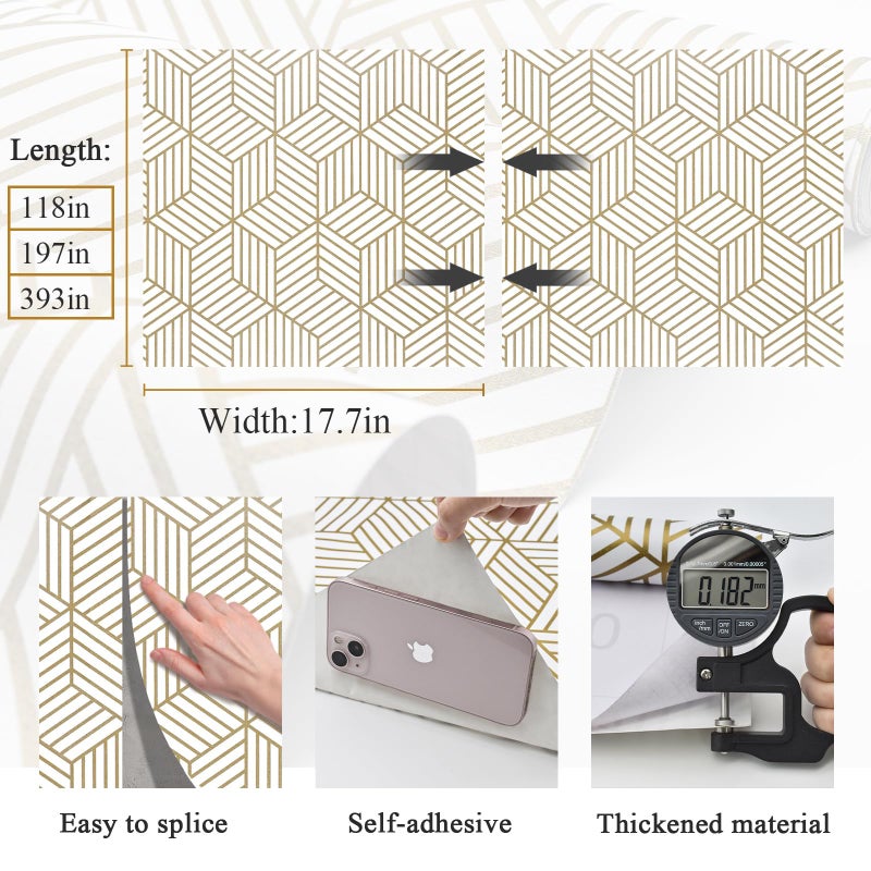 MelunMer Geometric Peel and Stick Wallpaper Gold 118In L 17.7In W Self Adhesive Removable Wallpaper for Bedroom/Bathroom Waterproof Modern Contact Paper for Cabinets Gold Contact Paper Shelf Liner - Image 3