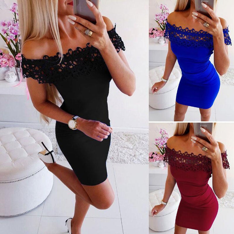Wish summer new European and American sexy one-word collar strapless lace stitching dress female YS03102 blue L - Image 1