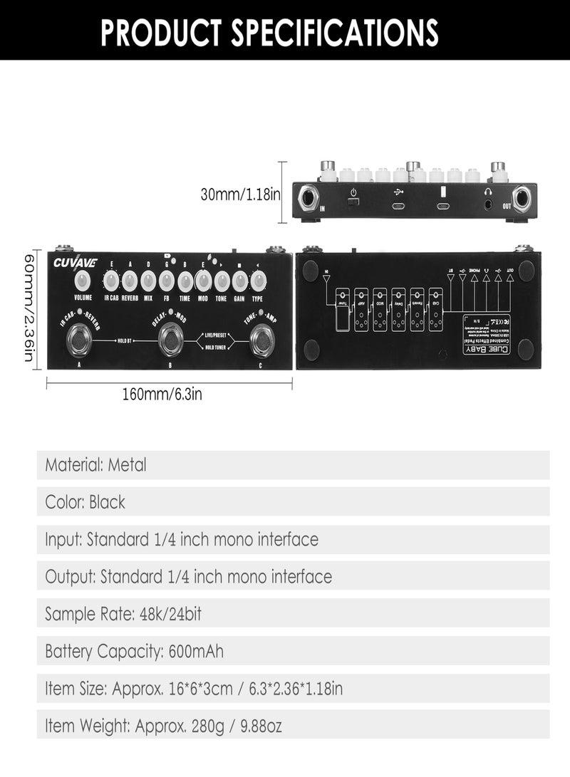 CUVAVE CUBE BABY Portable Multifunctional Electric Guitar Combined Effect Pedal with Wireless Music Playback Phone Recording Audio Interface Function - Image 4