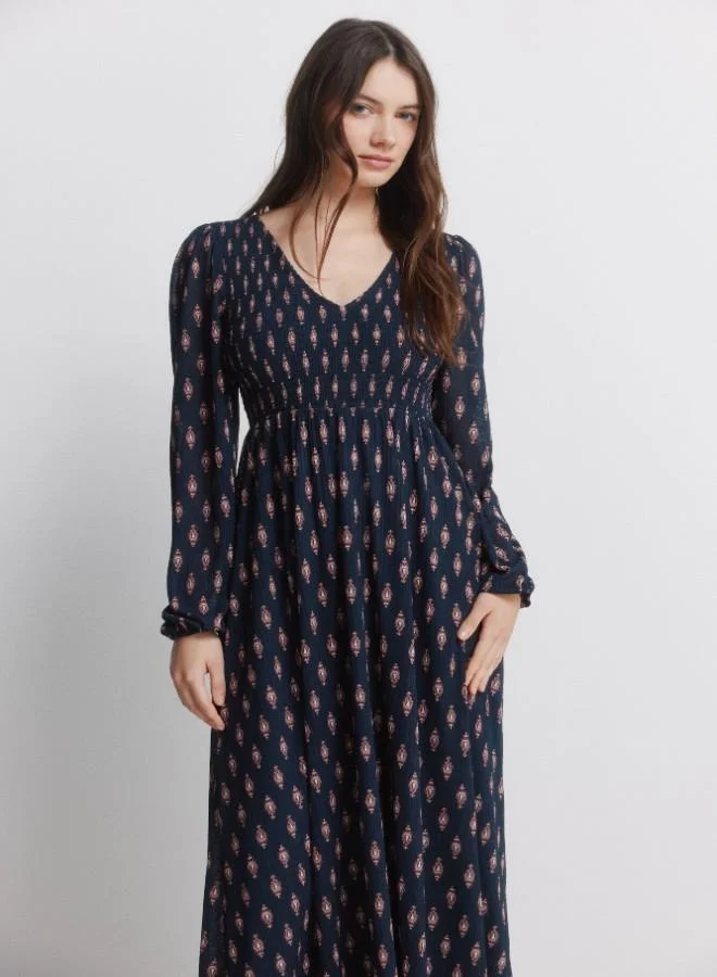 Springfield Printed long sleeve V-neck ruffle elasticated waist flared midi dress